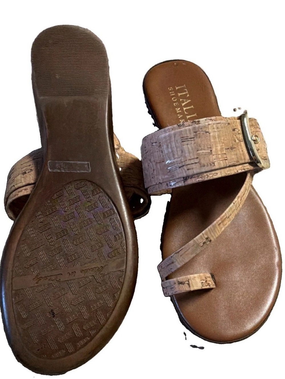 Italian Shoemakers Tan Cork-Effect Slide Sandals with Buckle size 9